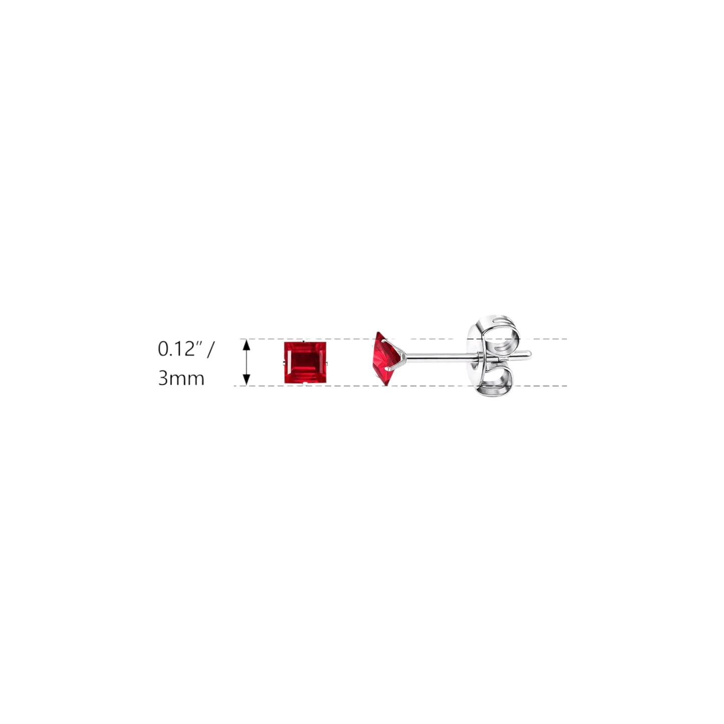 Earrings – Stainless Steel Silver Color with Red Square Zirconia (3mm) 