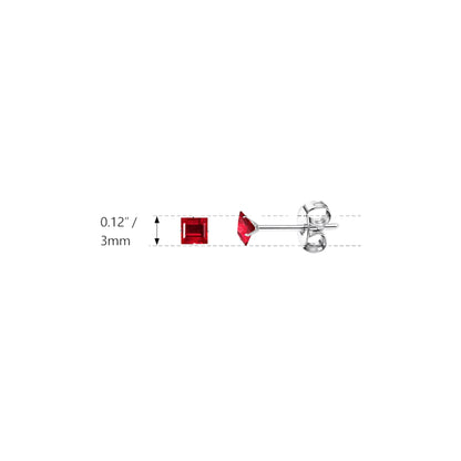 Earrings – Stainless Steel Silver Color with Red Square Zirconia (3mm) 