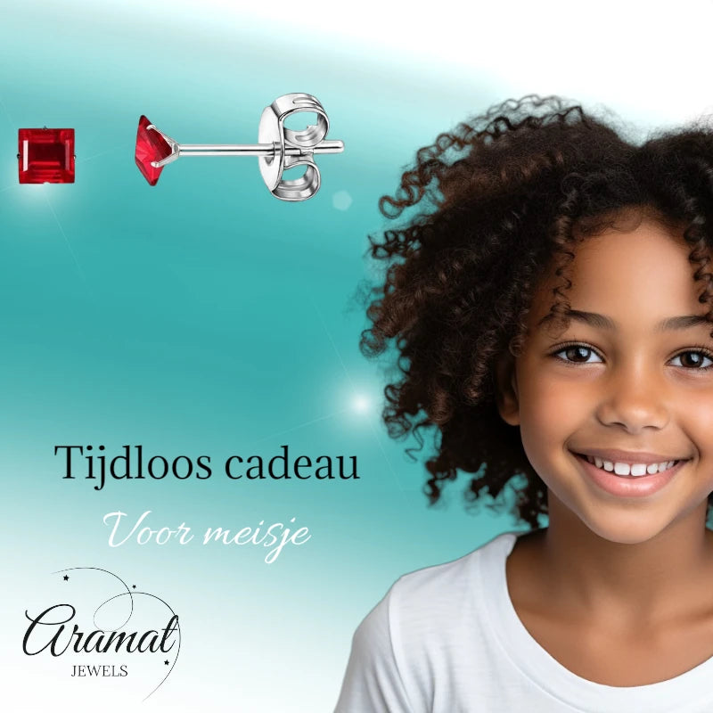 Earrings – Stainless Steel Silver Color with Red Square Zirconia (3mm) 