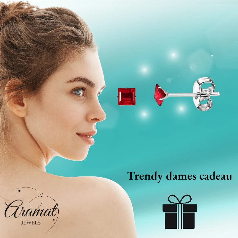 Earrings – Stainless Steel Silver Color with Red Square Zirconia (3mm) 