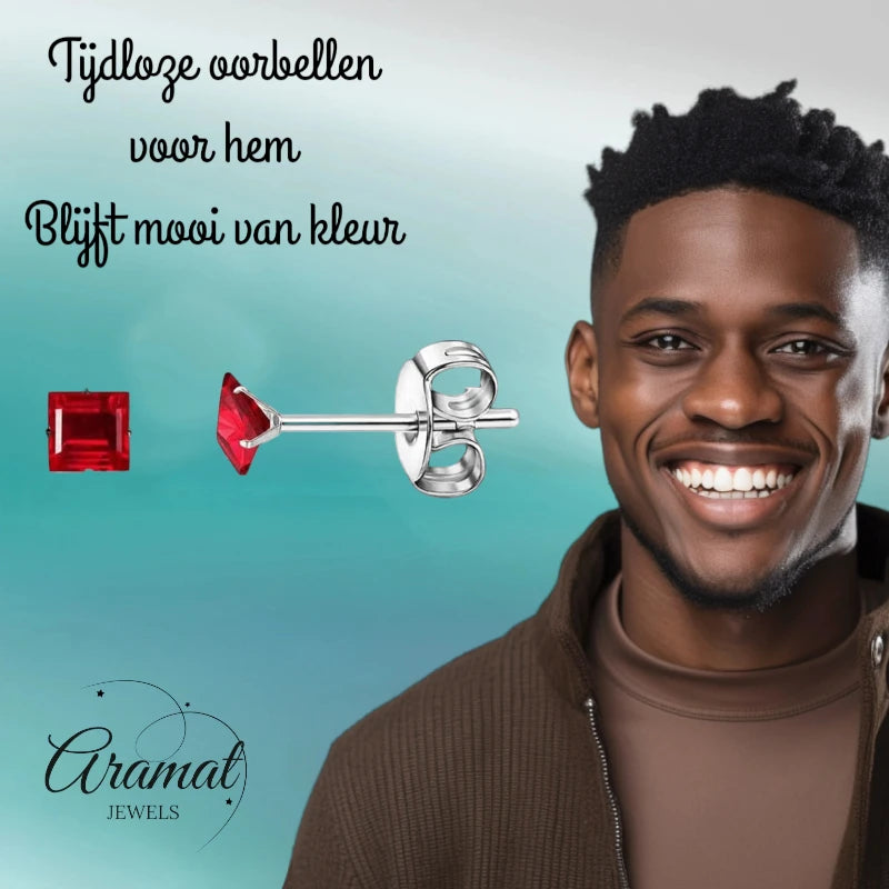 Earrings – Stainless Steel Silver Color with Red Square Zirconia (3mm) 