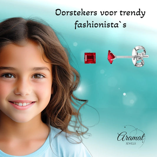 Boucles d'oreilles – Acier inoxydable couleur argent avec zircon rouge carré (3 mm) 