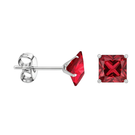 Boucles d'oreilles – Zirconium carré de 7 mm rouge sur acier inoxydable argenté 