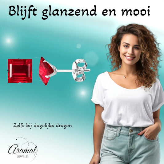 Boucles d'oreilles – Zirconium carré de 8 mm rouge sur acier inoxydable argenté 