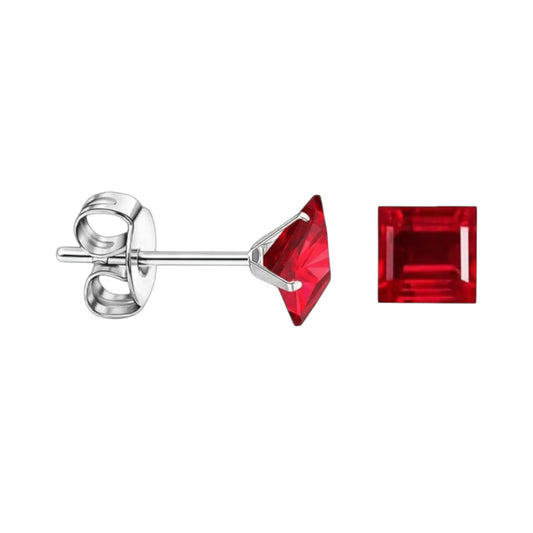 Boucles d'oreilles – Zirconium carré de 6 mm rouge sur acier inoxydable argenté 