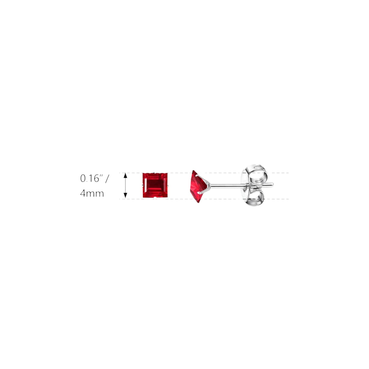 Earrings – Stainless Steel Silver Color with Red Square Zirconia (4mm) 