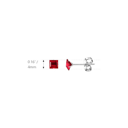 Earrings – Stainless Steel Silver Color with Red Square Zirconia (4mm) 