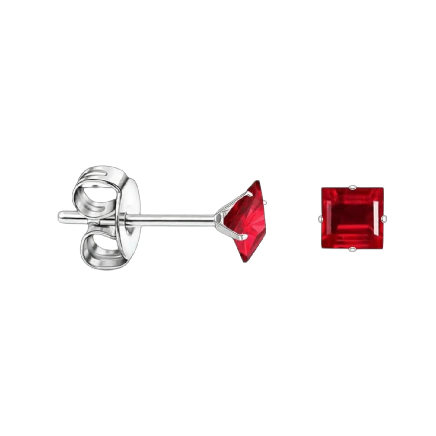 Earrings – Stainless Steel Silver Color with Red Square Zirconia (4mm) 