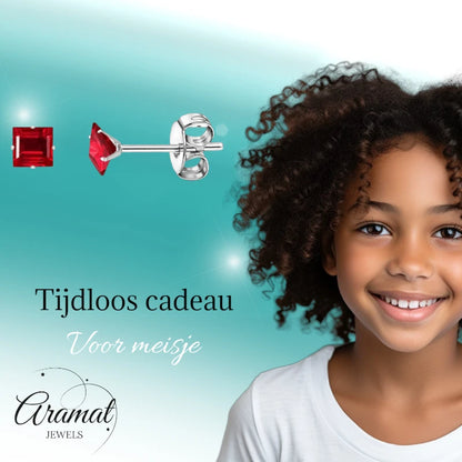 Earrings – Stainless Steel Silver Color with Red Square Zirconia (4mm) 