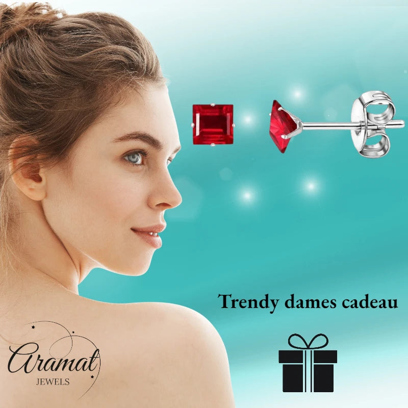 Earrings – Stainless Steel Silver Color with Red Square Zirconia (4mm) 