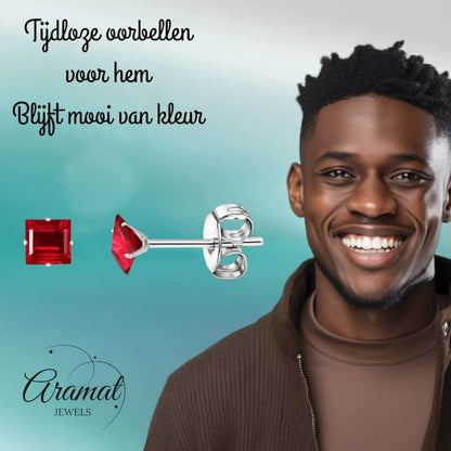 Earrings – Stainless Steel Silver Color with Red Square Zirconia (4mm) 