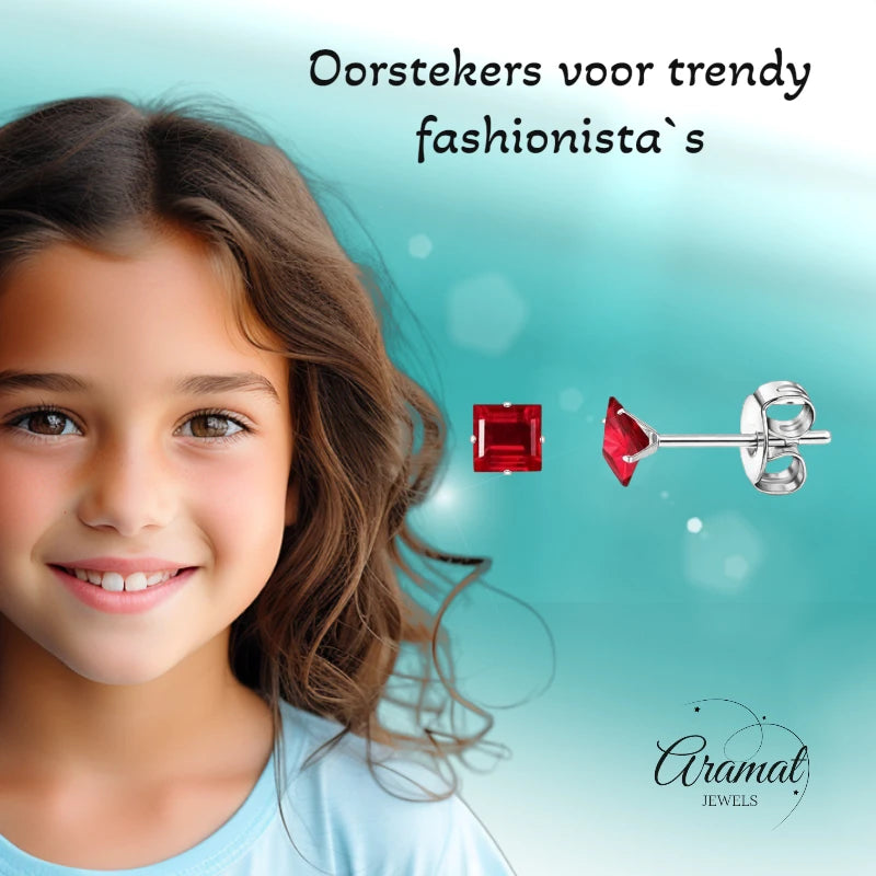 Earrings – Stainless Steel Silver Color with Red Square Zirconia (4mm) 