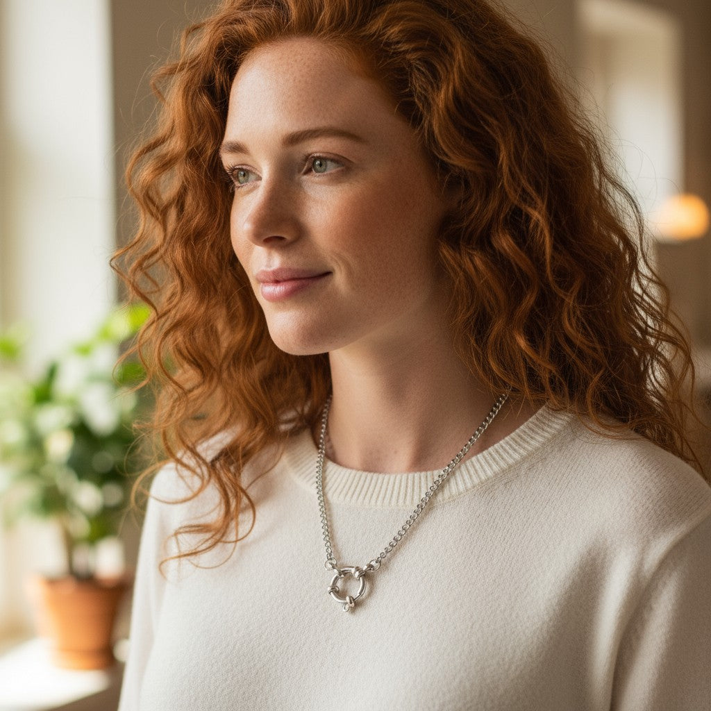 Silver-colored charm necklace with gourmet link