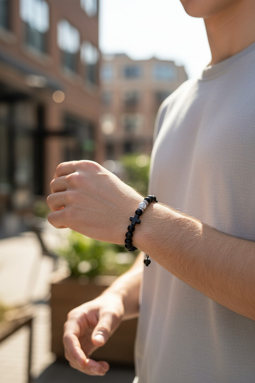 Adjustable Black Stone Bracelet with Howlite