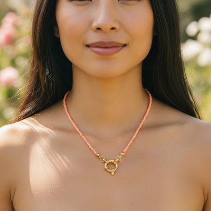 Salmon Pink Rocailles Charm Necklace with Clasp on the Front