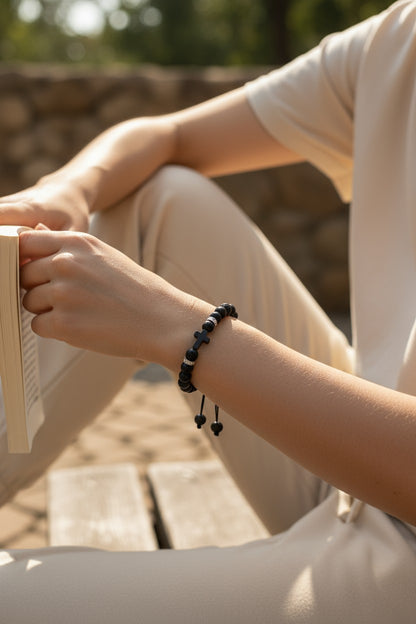 Adjustable Black Bracelet with Lava Stone