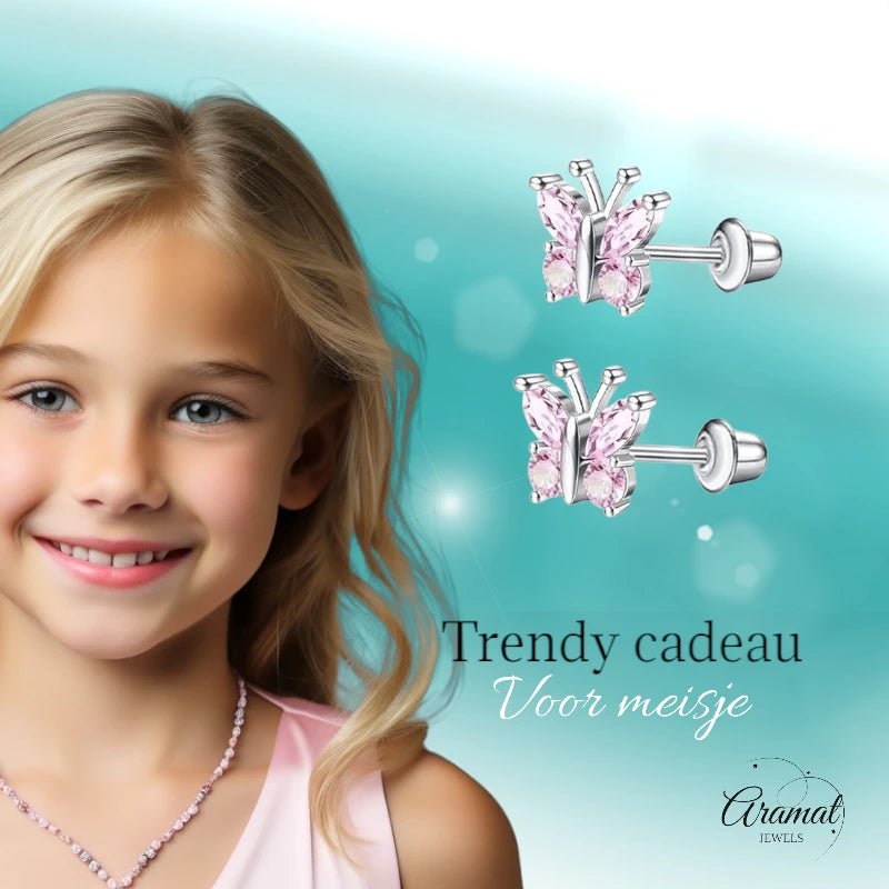 Vlinder Oorbellen RVS - Roze Zirkonia 8mm - schroefsluiting - oor6277 - 72446 - Oorbellen kopen# - 8mm - alles - cadeau