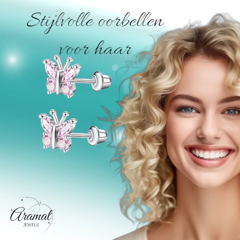 Vlinder Oorbellen RVS - Roze Zirkonia 8mm - schroefsluiting - oor6277 - 72446 - Oorbellen kopen# - 8mm - alles - cadeau