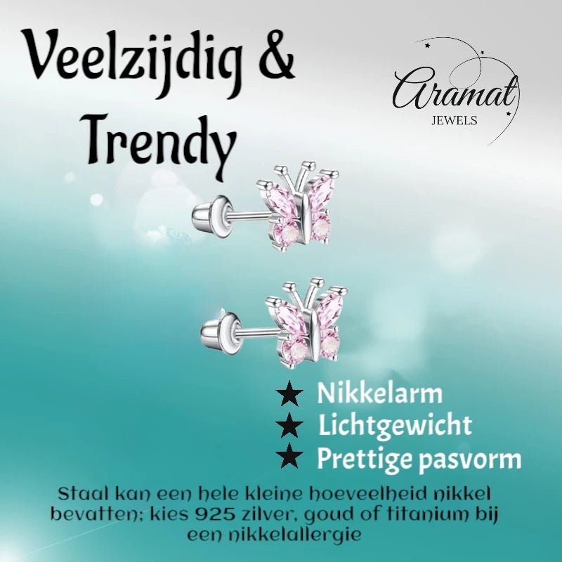 Vlinder Oorbellen RVS - Roze Zirkonia 8mm - schroefsluiting - oor6277 - 72446 - Oorbellen kopen# - 8mm - alles - cadeau
