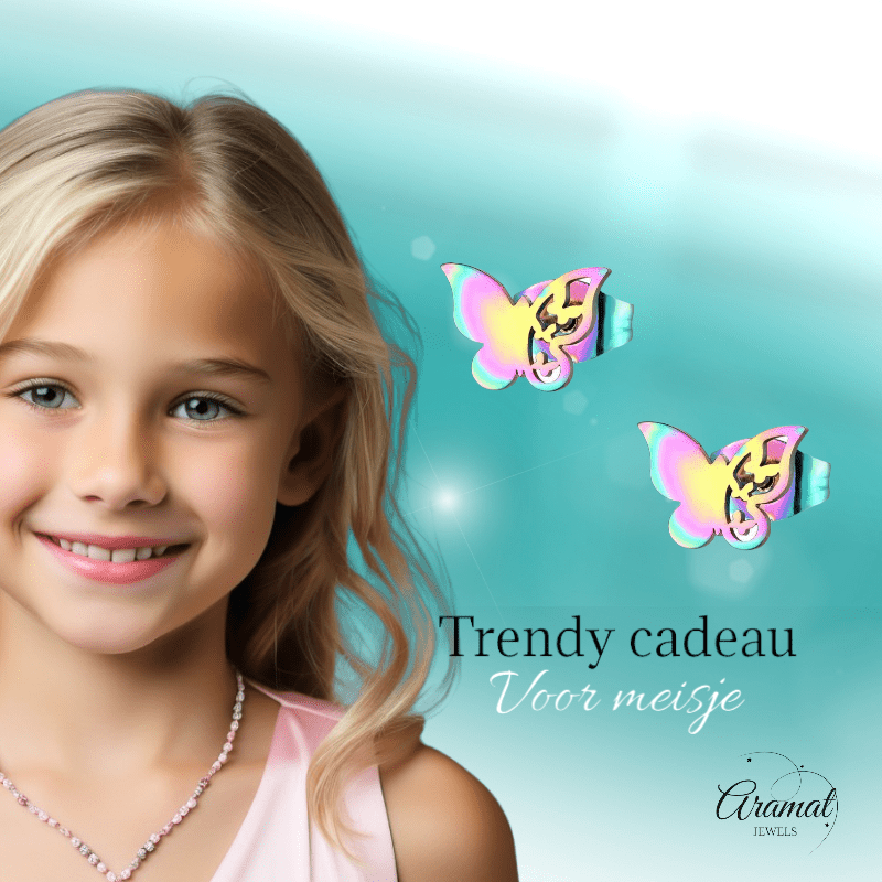 Vlinder oorstekers multikleur – 8x10mm uniek design - Aramat Jewels - Oorbellen - cadeautip