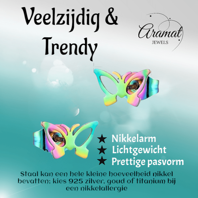 Vlinder oorstekers multikleur staal – 6x10mm open - Aramat Jewels - Oorbellen - cadeautip