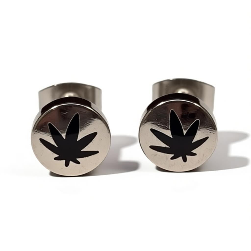 Earrings – Stainless Steel Weed Leaf Silver/Black (8mm)