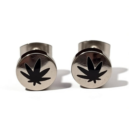 Earrings – Stainless Steel Weed Leaf Silver/Black (8mm)