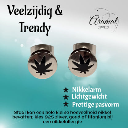 Earrings – Stainless Steel Weed Leaf Silver/Black (8mm)