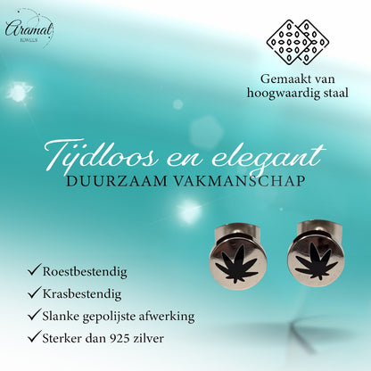 Earrings – Stainless Steel Weed Leaf Silver/Black (8mm)