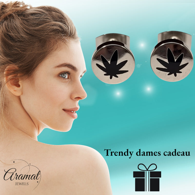 Earrings – Stainless Steel Weed Leaf Silver/Black (8mm)