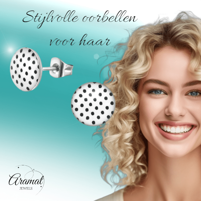 Witte stippel oorstekers met zwart – 10 mm - oor4918 - 40434 - Oorbellen kopen# - 10mm - acryl - alles
