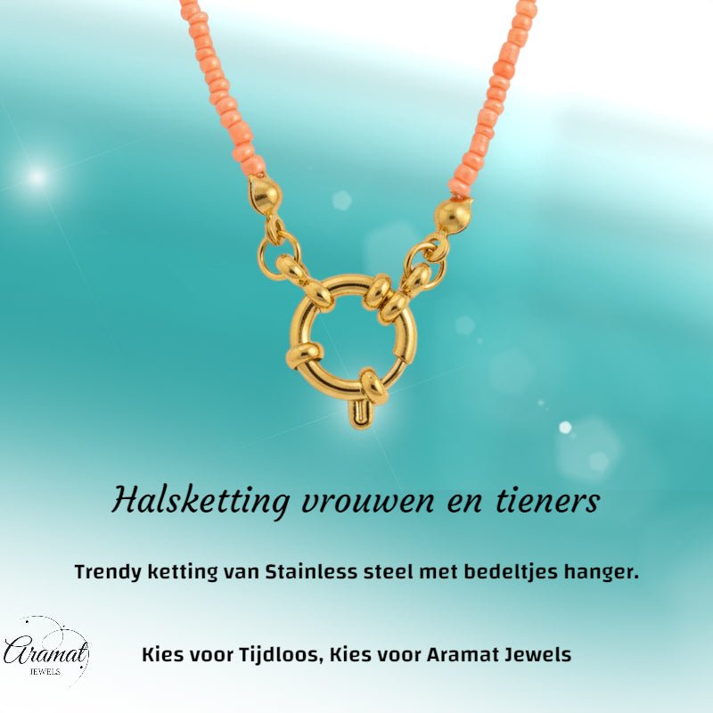 Zalmroze Rocailles Bedelketting met slotje voorkant - Aramat Jewels - Bedelketting - cadeautip