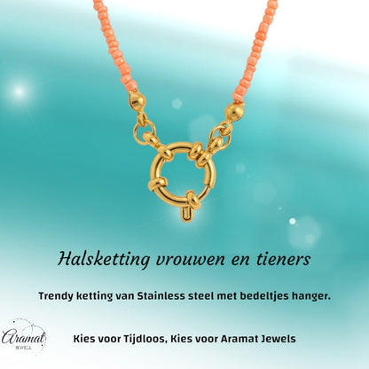 Zalmroze Rocailles Bedelketting met slotje voorkant - Aramat Jewels - Bedelketting - cadeautip