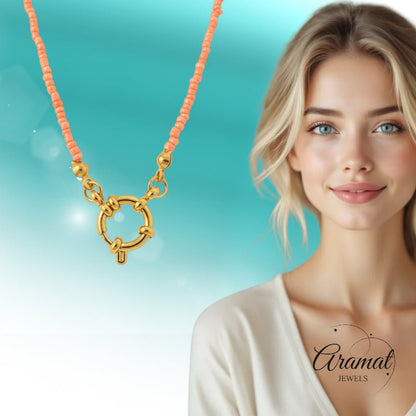 Zalmroze Rocailles Bedelketting met slotje voorkant - Aramat Jewels - Bedelketting - cadeautip