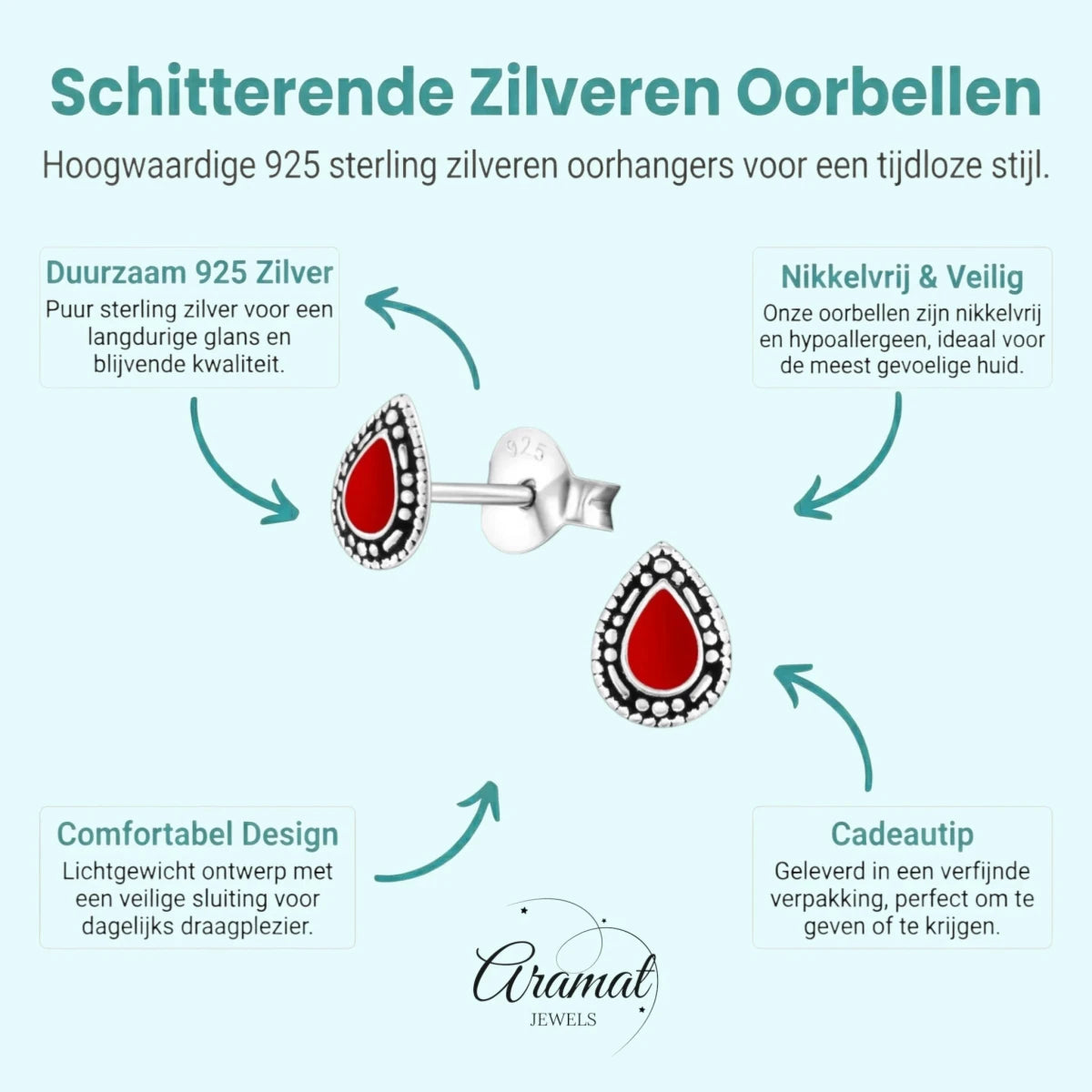 Zilveren Bali Druppel Oorbellen – Rood Emaille – 6x4mm - Aramat Jewels - Oorbellen - cadeautip