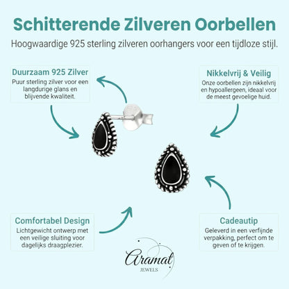 Zilveren Bali Druppel Oorbellen – Zwart Emaille – 8x5,5mm - Aramat Jewels - Oorbellen - cadeautip