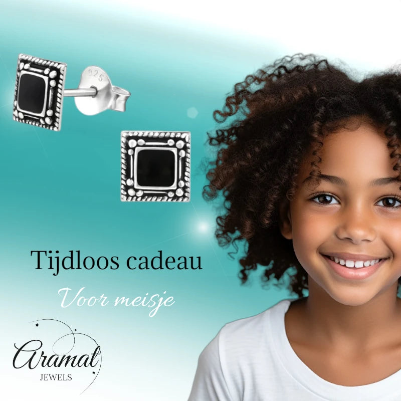 Stud Earrings – 925 Silver Bali Earrings Square Black Enamel 6mm Oxidized