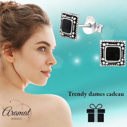Stud Earrings – 925 Silver Bali Earrings Square Black Enamel 6mm Oxidized