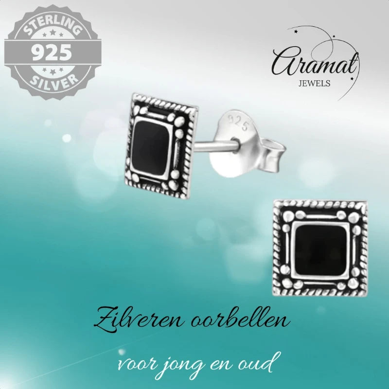 Stud Earrings – 925 Silver Bali Earrings Square Black Enamel 6mm Oxidized