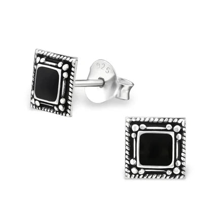 Stud Earrings – 925 Silver Bali Earrings Square Black Enamel 6mm Oxidized
