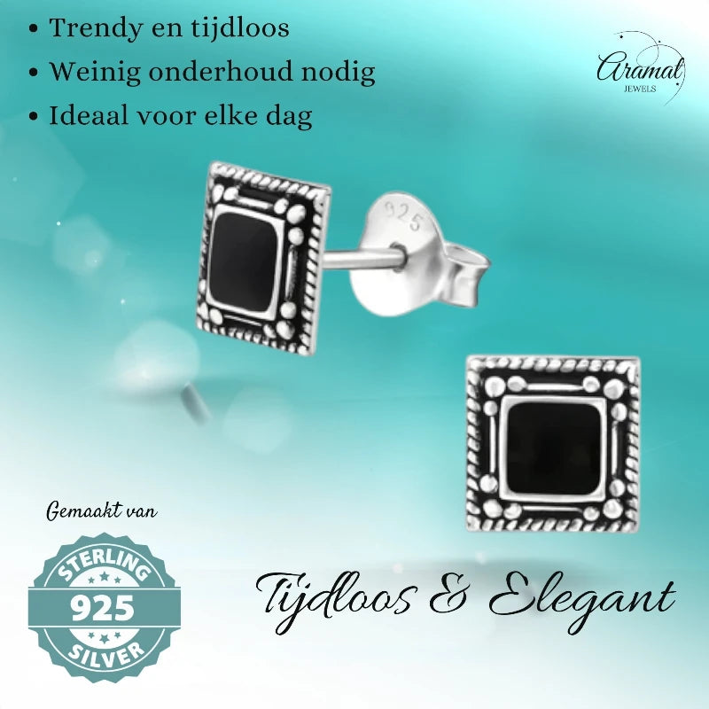 Stud Earrings – 925 Silver Bali Earrings Square Black Enamel 6mm Oxidized