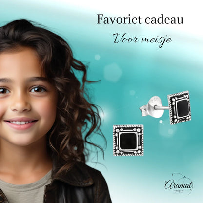 Stud Earrings – 925 Silver Bali Earrings Square Black Enamel 6mm Oxidized