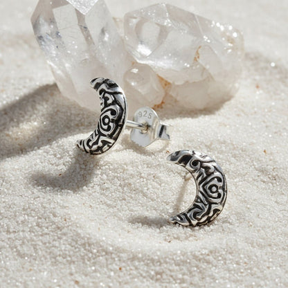 Zilveren Bali Oorbellen Maan - Geoxideerd Motief - Aramat Jewels - Oorbellen - cadeautip
