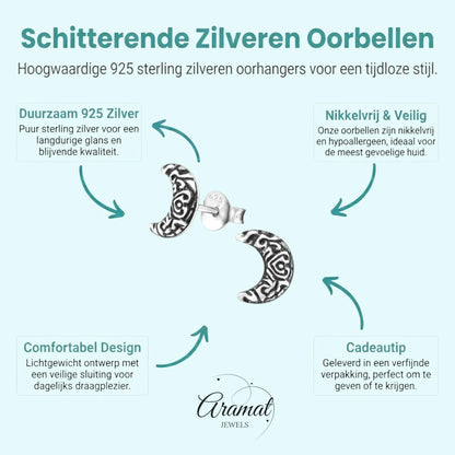 Zilveren Bali Oorbellen Maan - Geoxideerd Motief - Aramat Jewels - Oorbellen - cadeautip