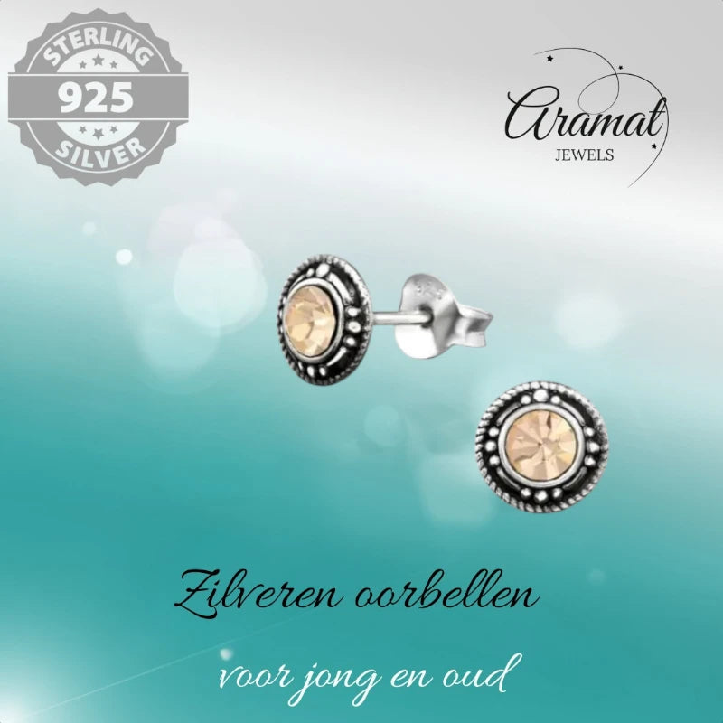 Stud Earrings – Sterling Silver Bali Ethnic Champagne Crystal 7mm Women