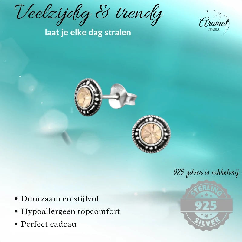Stud Earrings – Sterling Silver Bali Ethnic Champagne Crystal 7mm Women