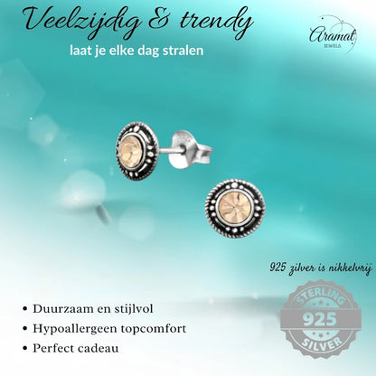 Stud Earrings – Sterling Silver Bali Ethnic Champagne Crystal 7mm Women
