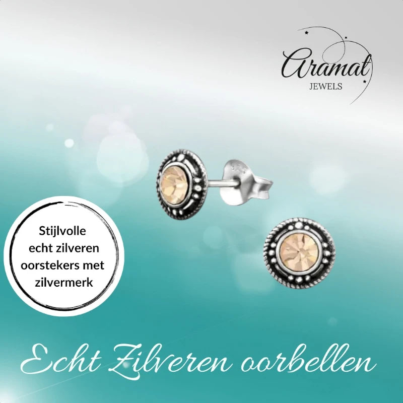 Stud Earrings – Sterling Silver Bali Ethnic Champagne Crystal 7mm Women