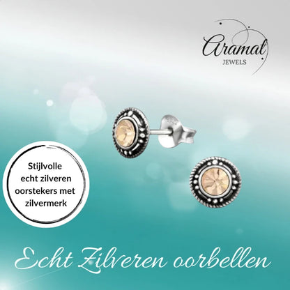 Stud Earrings – Sterling Silver Bali Ethnic Champagne Crystal 7mm Women