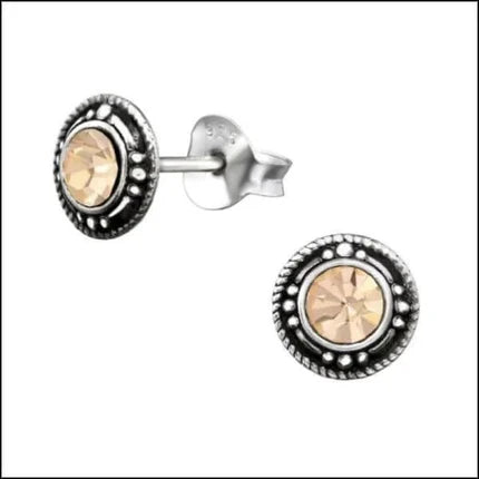 Boucles d'oreilles puces – Argent sterling, style ethnique balinais, cristal champagne 7 mm, femme
